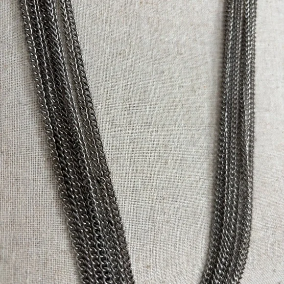 🪴$5/25🪴 Multi Strand Silver Geometric Pendant Fringed Long Statement Necklace - Picture 6 of 8